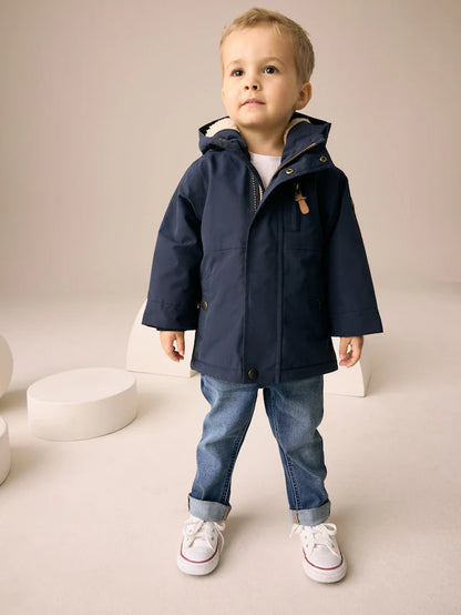 |Boy| Casaco Parka Impermeável Azul Marinho Com Forro Borg (3 meses a 7 anos)