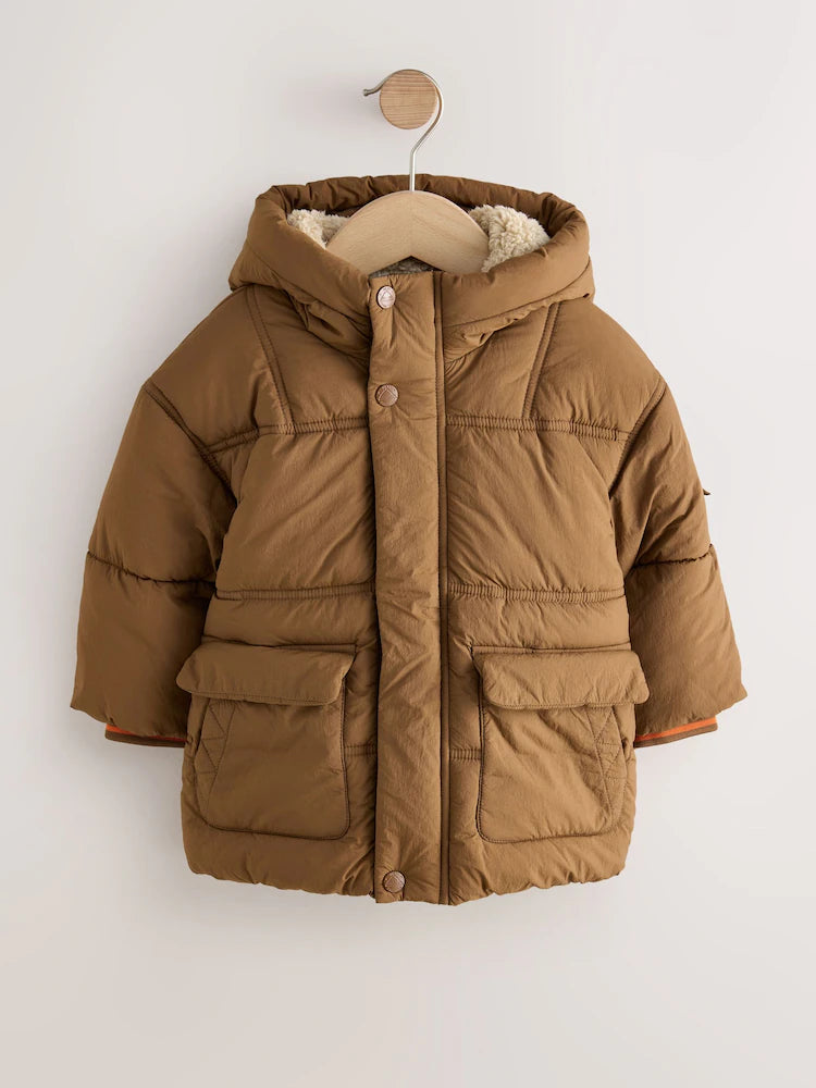 |Boy| Casaco Acolchoado Com Forro Marrom Borg (3 meses a 7 anos)