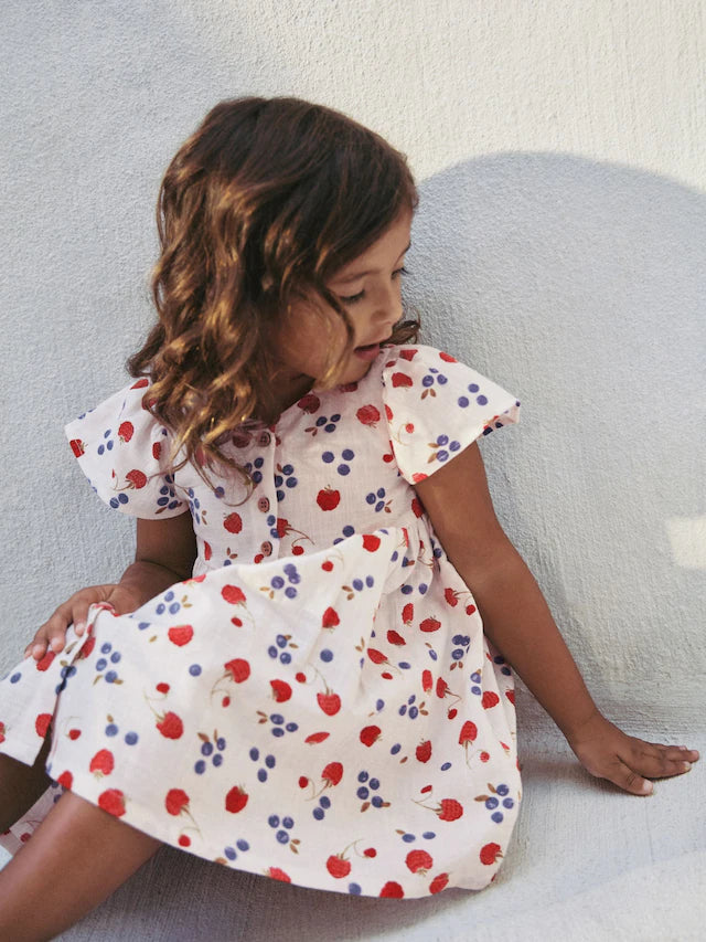 |Girl| Vestido De Verão Com Estampa De Frutas e Botões (3 meses a 10 anos)