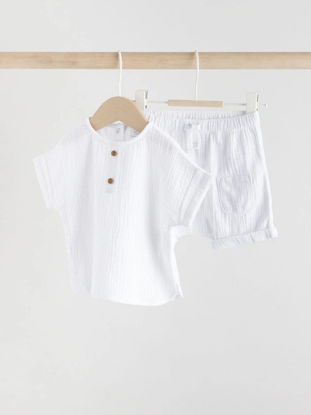 |BabyBoy| Conjunto De Blusa e Shorts 100% Algodão Para Bebê, Tecido De Gaze Branca (0 meses a 2 anos)