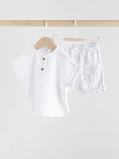 |BabyBoy| Conjunto De Blusa e Shorts 100% Algodão Para Bebê, Tecido De Gaze Branca (0 meses a 2 anos)