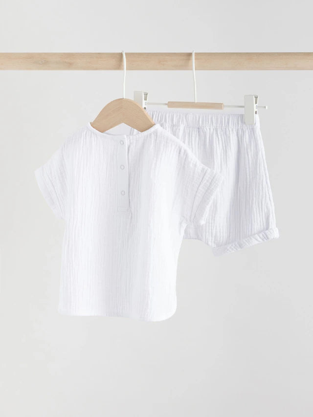 |BabyBoy| Conjunto De Blusa e Shorts 100% Algodão Para Bebê, Tecido De Gaze Branca (0 meses a 2 anos)