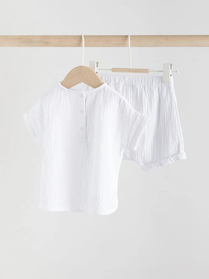 |BabyBoy| Conjunto De Blusa e Shorts 100% Algodão Para Bebê, Tecido De Gaze Branca (0 meses a 2 anos)