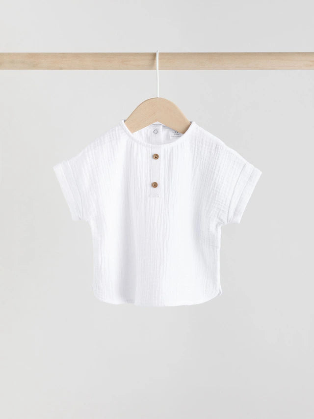 |BabyBoy| Conjunto De Blusa e Shorts 100% Algodão Para Bebê, Tecido De Gaze Branca (0 meses a 2 anos)