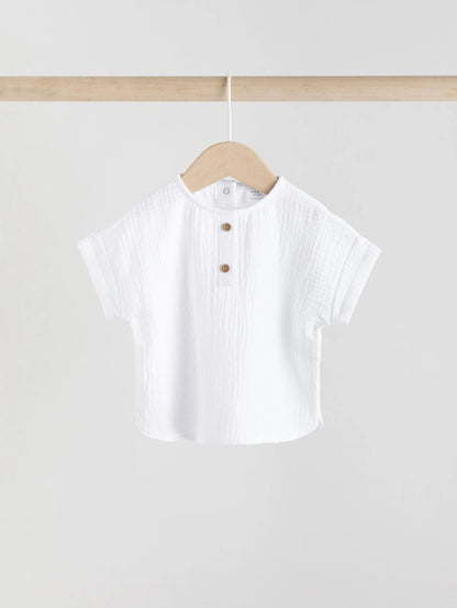 |BabyBoy| Conjunto De Blusa e Shorts 100% Algodão Para Bebê, Tecido De Gaze Branca (0 meses a 2 anos)