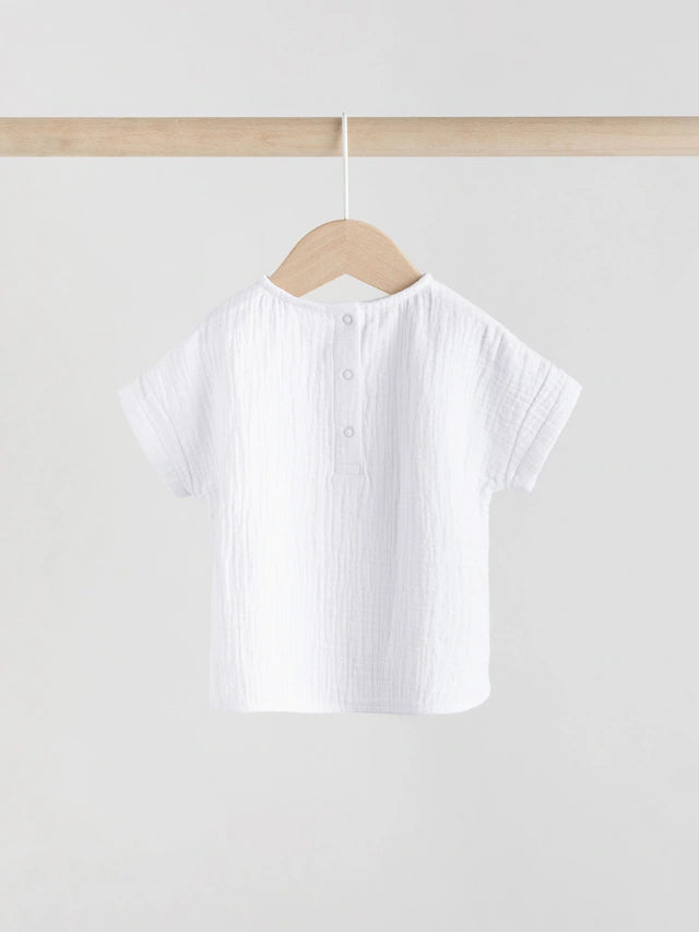 |BabyBoy| Conjunto De Blusa e Shorts 100% Algodão Para Bebê, Tecido De Gaze Branca (0 meses a 2 anos)