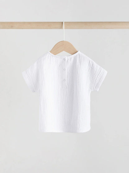 |BabyBoy| Conjunto De Blusa e Shorts 100% Algodão Para Bebê, Tecido De Gaze Branca (0 meses a 2 anos)