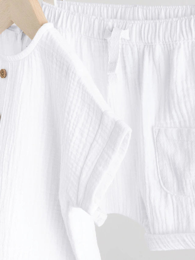 |BabyBoy| Conjunto De Blusa e Shorts 100% Algodão Para Bebê, Tecido De Gaze Branca (0 meses a 2 anos)