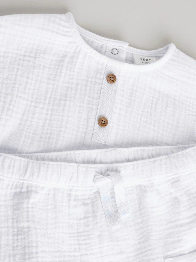 |BabyBoy| Conjunto De Blusa e Shorts 100% Algodão Para Bebê, Tecido De Gaze Branca (0 meses a 2 anos)