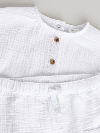 |BabyBoy| Conjunto De Blusa e Shorts 100% Algodão Para Bebê, Tecido De Gaze Branca (0 meses a 2 anos)