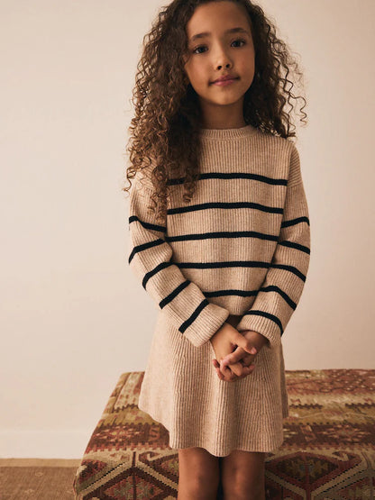 |BigGirl| Conjunto De Suéter e Saia Listrados Em Malha Marrom Bege (3-16 anos)
