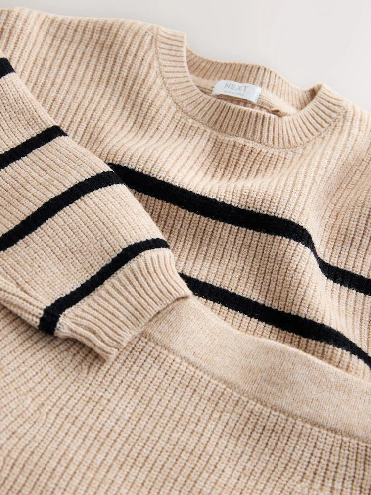 |BigGirl| Conjunto De Suéter e Saia Listrados Em Malha Marrom Bege (3-16 anos)