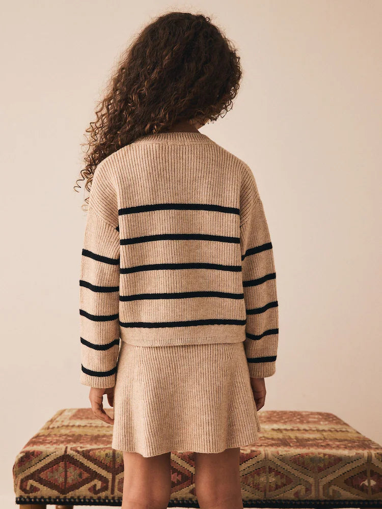 |BigGirl| Conjunto De Suéter e Saia Listrados Em Malha Marrom Bege (3-16 anos)