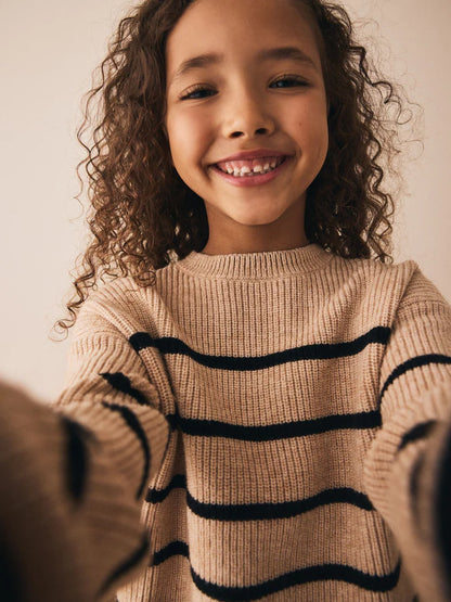 |BigGirl| Conjunto De Suéter e Saia Listrados Em Malha Marrom Bege (3-16 anos)