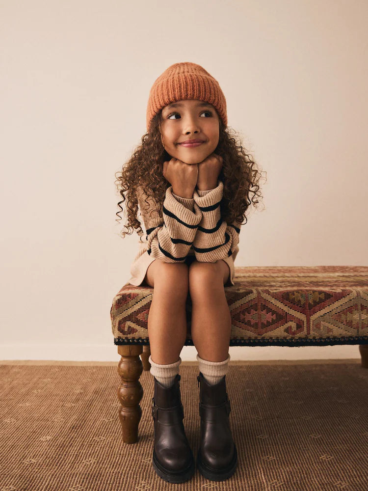 |BigGirl| Conjunto De Suéter e Saia Listrados Em Malha Marrom Bege (3-16 anos)