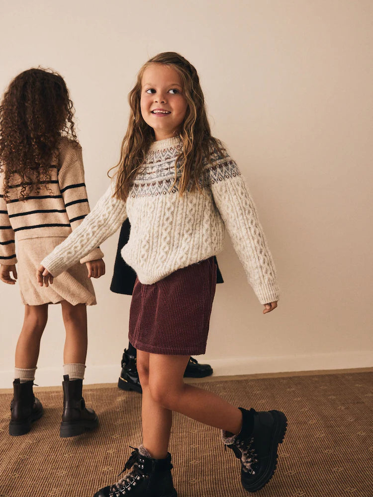 |BigGirl| Conjunto De Suéter e Saia Listrados Em Malha Marrom Bege (3-16 anos)