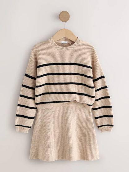 |BigGirl| Conjunto De Suéter e Saia Listrados Em Malha Marrom Bege (3-16 anos)