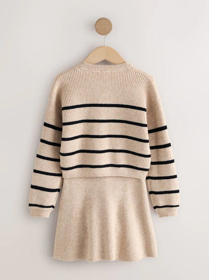 |BigGirl| Conjunto De Suéter e Saia Listrados Em Malha Marrom Bege (3-16 anos)
