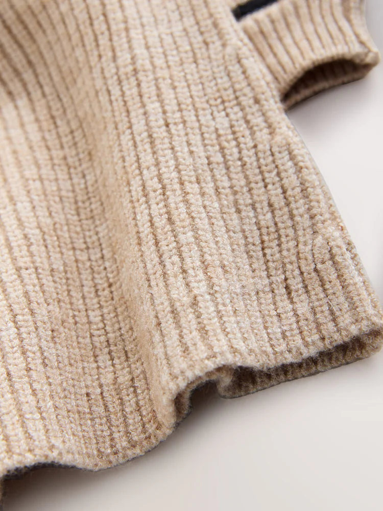 |BigGirl| Conjunto De Suéter e Saia Listrados Em Malha Marrom Bege (3-16 anos)