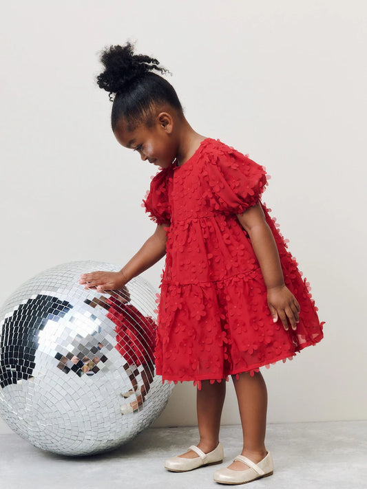 |Girl| Vestido Vermelho De Manga Curta Com Flores 3D (3 meses a 8 anos)