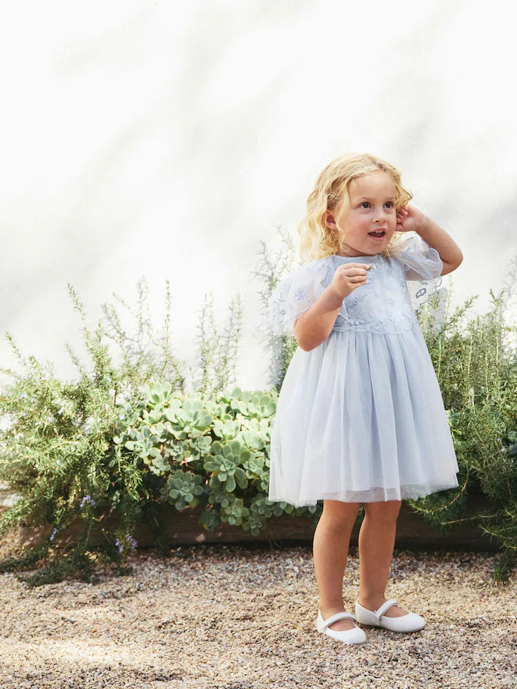 |Girl| Vestido De Malha Bordado Azul Claro (3 meses a 8 anos)