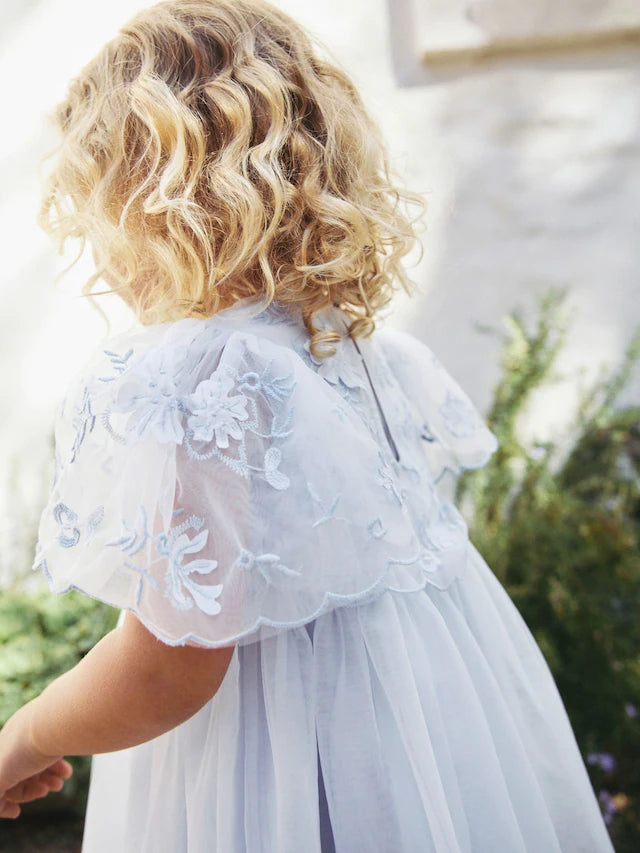 |Girl| Vestido De Malha Bordado Azul Claro (3 meses a 8 anos)