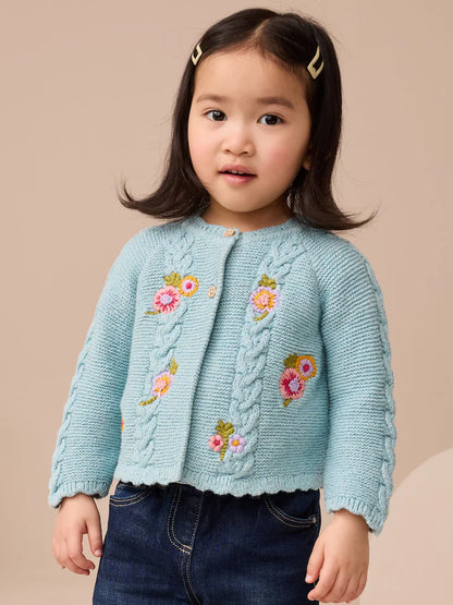 |Girl| Cardigan Com Estampa Floral Azul e Detalhes (3 meses a 7 anos)