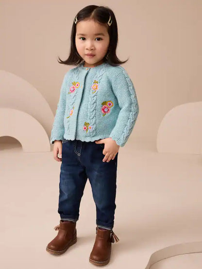 |Girl| Cardigan Com Estampa Floral Azul e Detalhes (3 meses a 7 anos)