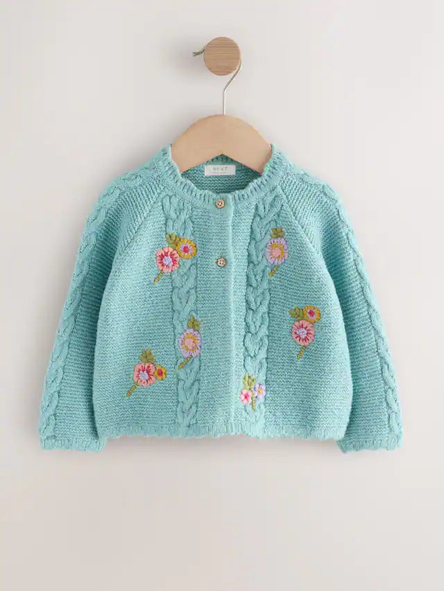|Girl| Cardigan Com Estampa Floral Azul e Detalhes (3 meses a 7 anos)