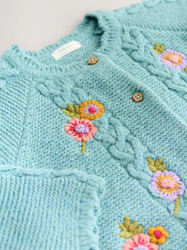 |Girl| Cardigan Com Estampa Floral Azul e Detalhes (3 meses a 7 anos)