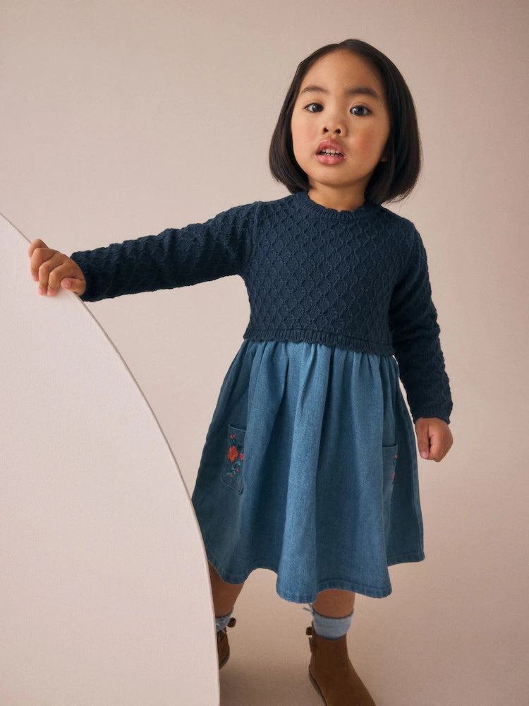 |Girl| Vestido Jeans Azul De Malha (3 meses a 7 anos)