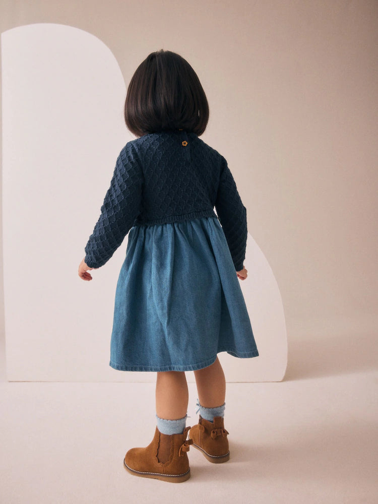 |Girl| Vestido Jeans Azul De Malha (3 meses a 7 anos)