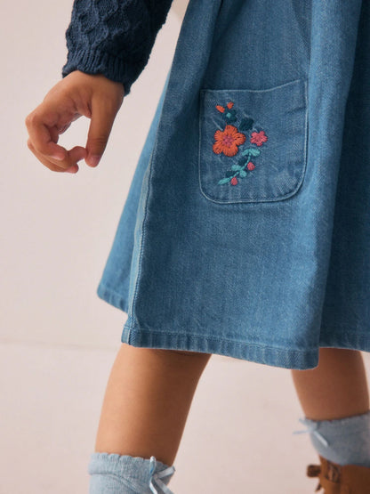 |Girl| Vestido Jeans Azul De Malha (3 meses a 7 anos)