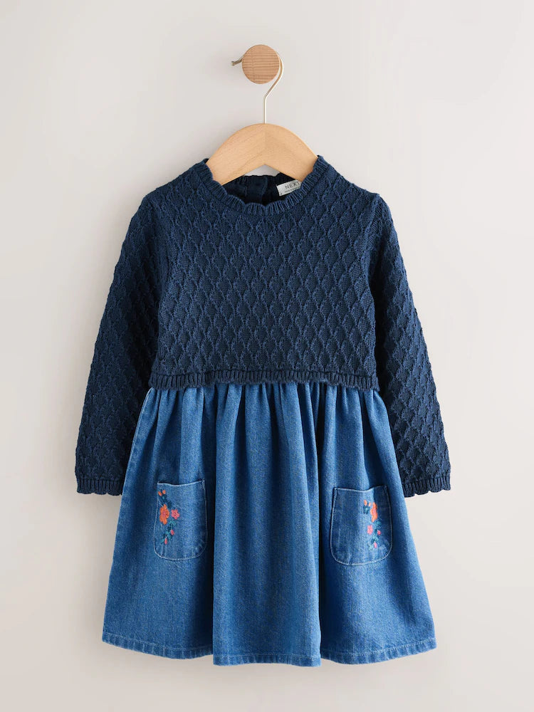 |Girl| Vestido Jeans Azul De Malha (3 meses a 7 anos)