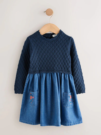 |Girl| Vestido Jeans Azul De Malha (3 meses a 7 anos)