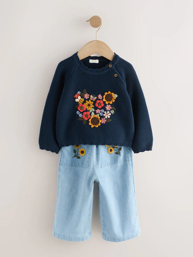 |Girl| Conjunto De Calça Jeans e Suéter Sunflower Blue Denim (3 meses a 7 anos)