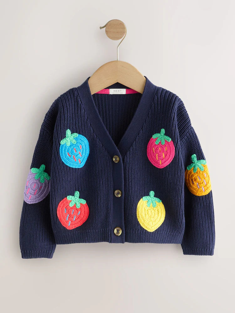 |Girl| Cardigan Azul Marinho Com Decote Em V e Estampa Morango (3 meses a 7 anos)