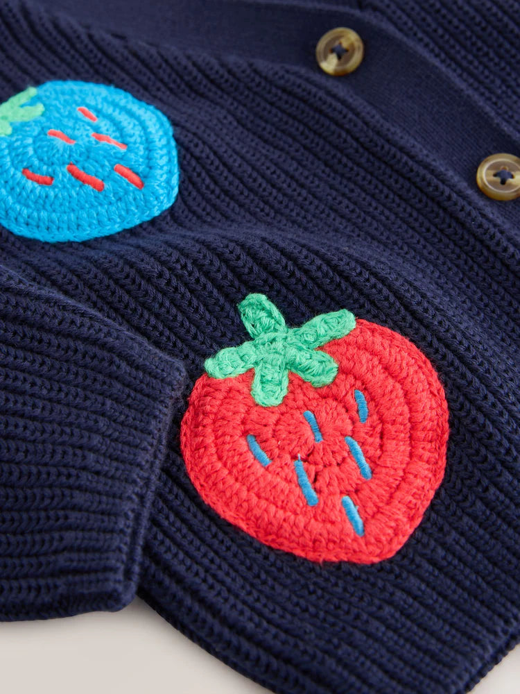 |Girl| Cardigan Azul Marinho Com Decote Em V e Estampa Morango (3 meses a 7 anos)