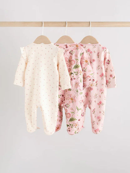 |BabyGirl| Pacote Com 3 Macacões De Dormir Com Zíper Bidirecional Rosa Para Bebê