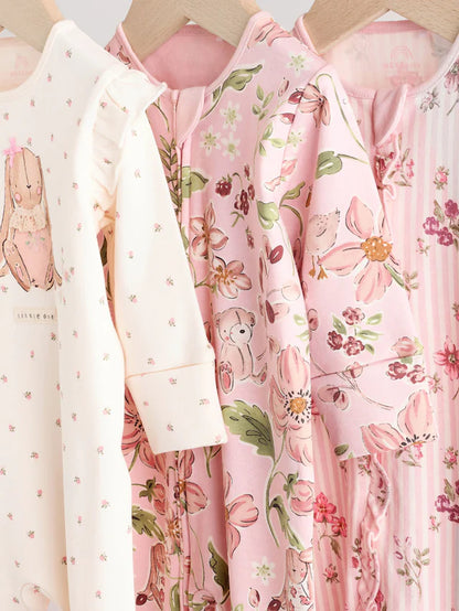 |BabyGirl| Pacote Com 3 Macacões De Dormir Com Zíper Bidirecional Rosa Para Bebê