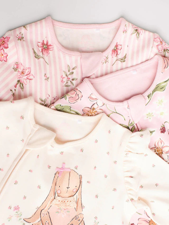 |BabyGirl| Pacote Com 3 Macacões De Dormir Com Zíper Bidirecional Rosa Para Bebê