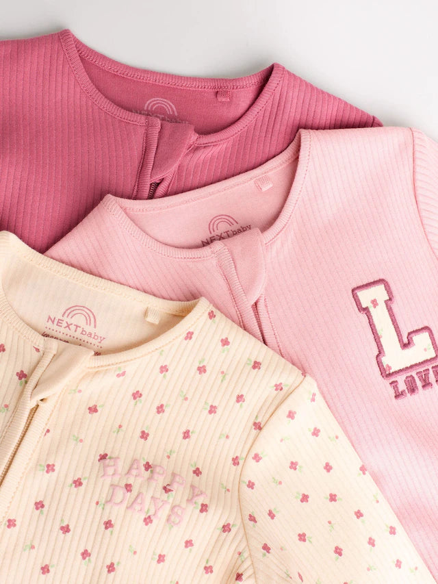|BabyGirl| Macacão De Dormir Com Estampa Floral e Zíper Bidirecional Rosa Para Bebês, Pacote com 3 (0 meses a 3 anos)