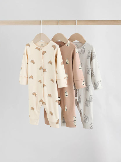 |BabyGirl| Pacote Com 3 Macacões Sem Pés Para Bebês Neutral Croissant Breakfast (0 meses a 3 anos)