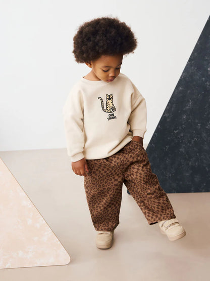 |Boy| Calças Largas Com Estampa De Leopardo Bege (3 meses a 7 anos)