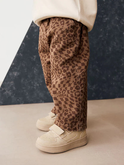 |Boy| Calças Largas Com Estampa De Leopardo Bege (3 meses a 7 anos)