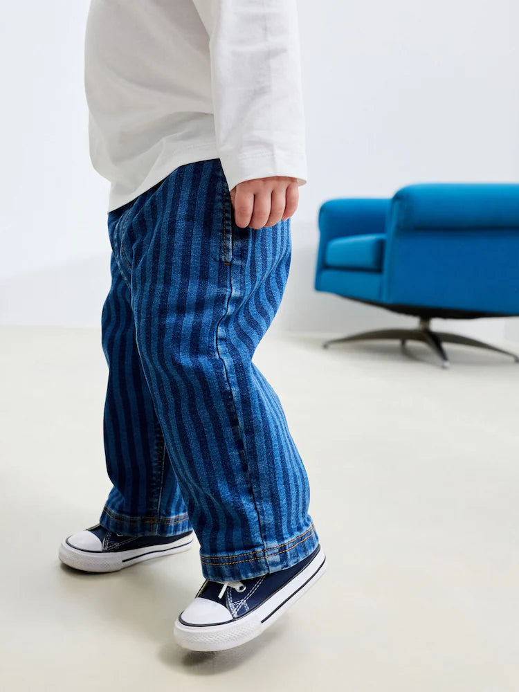 |Boy| Calça Jeans Larga Listrada Azul-Escuro (3 meses a 7 anos)