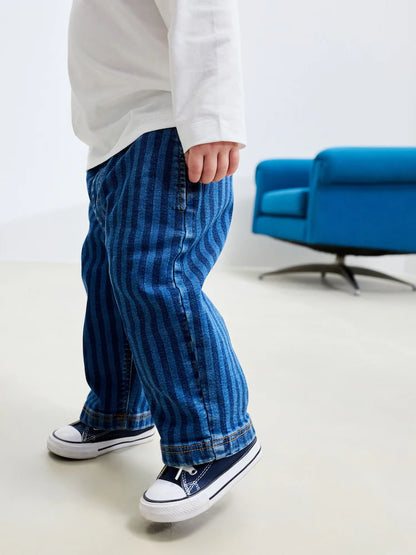 |Boy| Calça Jeans Larga Listrada Azul-Escuro (3 meses a 7 anos)
