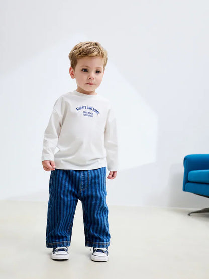 |Boy| Calça Jeans Larga Listrada Azul-Escuro (3 meses a 7 anos)