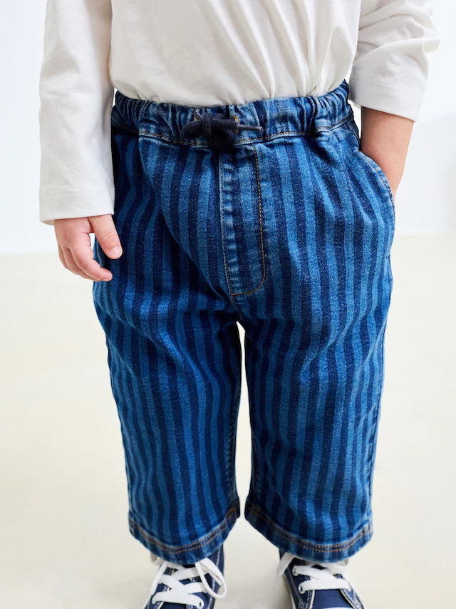 |Boy| Calça Jeans Larga Listrada Azul-Escuro (3 meses a 7 anos)