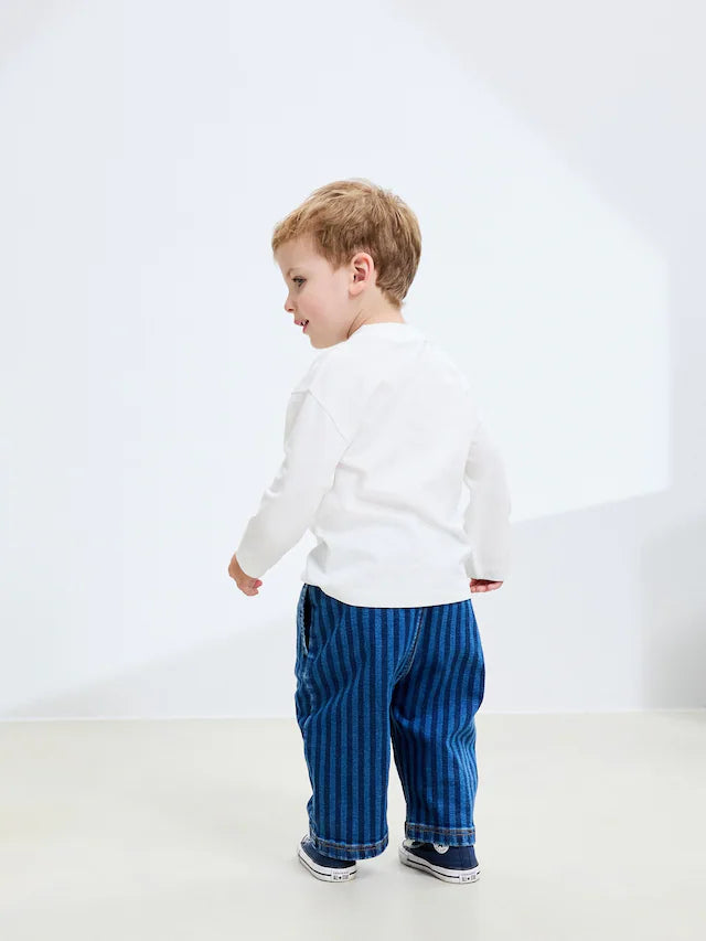 |Boy| Calça Jeans Larga Listrada Azul-Escuro (3 meses a 7 anos)